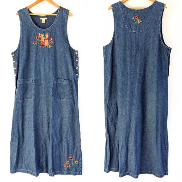 VINTAGE scarecrow sunflower embroidered fall autumn pinafore skirtall jumper - Picture 2 of 8